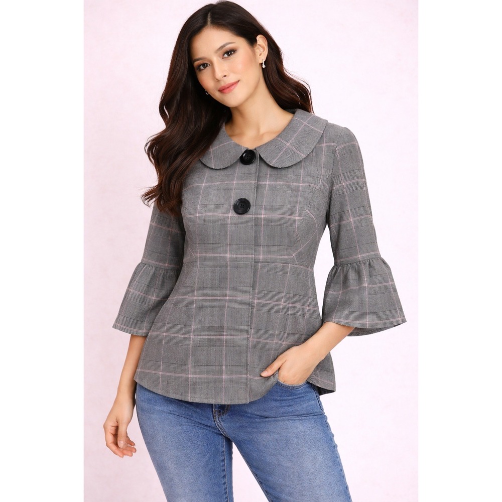 Candie's- Gray and Purple Plaid Blazer with‎ Bell Sleeves Size L